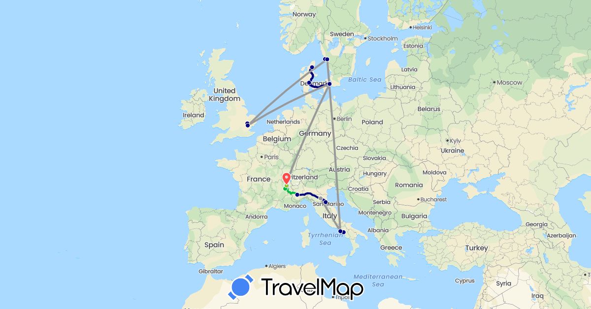TravelMap itinerary: driving, bus, plane, hiking, electric vehicle in Switzerland, Denmark, France, United Kingdom, Italy, Sweden (Europe)